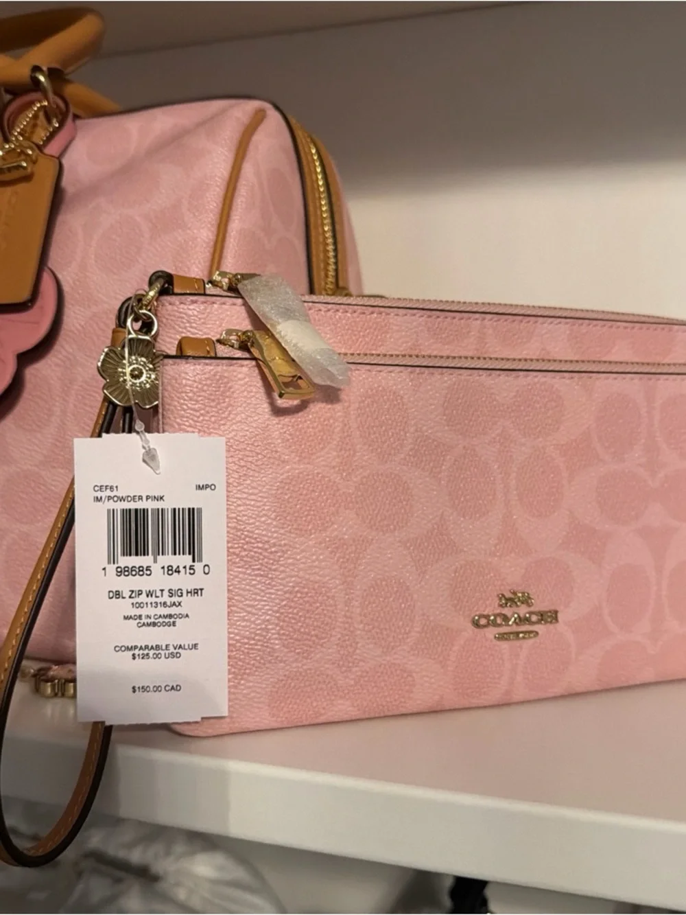 NWT Coach Double Zip Wristlet In Signature Canvas With Charm CEF61 Powder Pink - Picture 1 of 7
